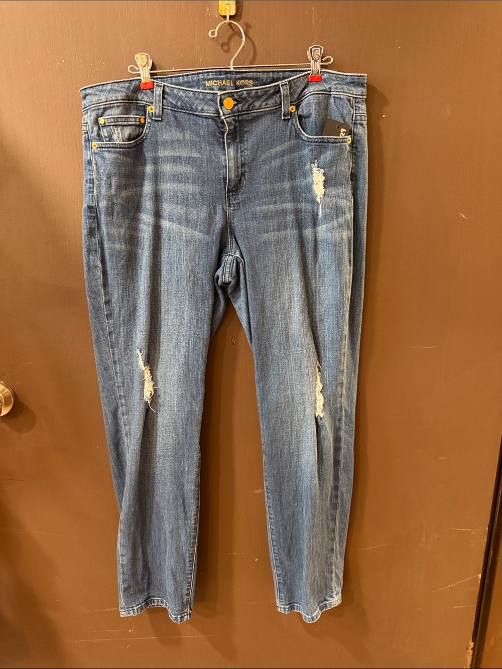 Michael Kors Straight-Leg Distressed Blue Jeans